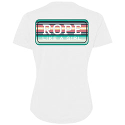 Bodega t-shirt in white with a teal and peach serape rope like a girl block logo