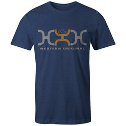 Loop tee in navy with grey and mustard logo block