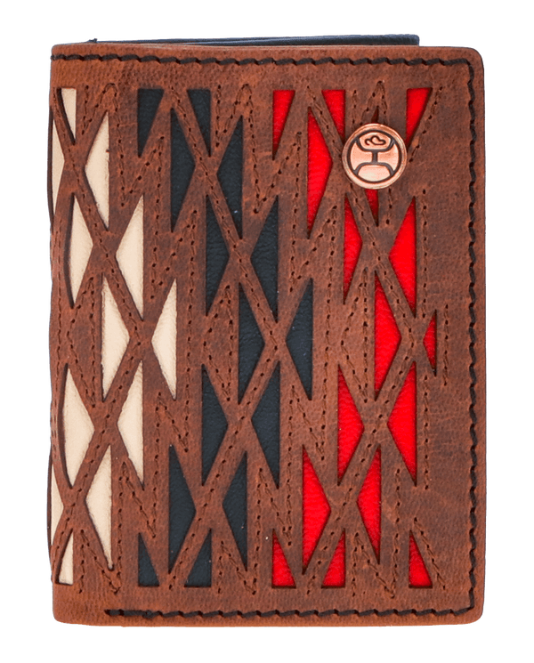 Chapawee trifold wallet in brown leather with ivory, red, black laser but Aztec patter