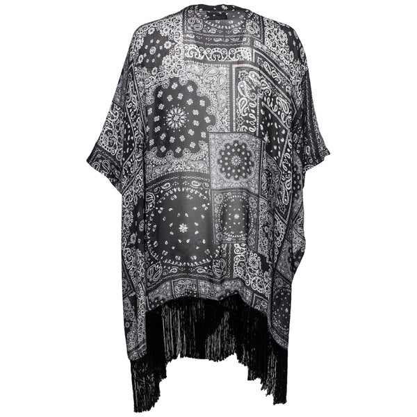 Ladies Long Kimono Black/White Bandana w/Black Fringe