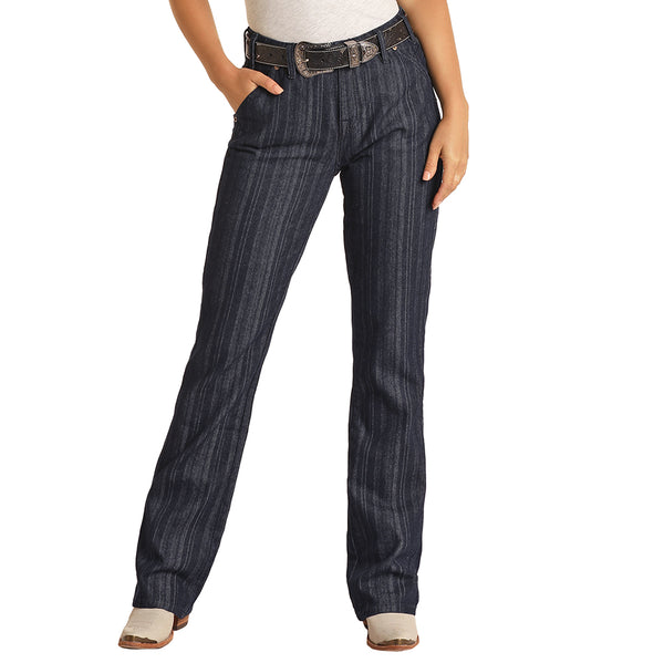 Dark Wash Jaquard Stripe High Rise Bootcut Jeans