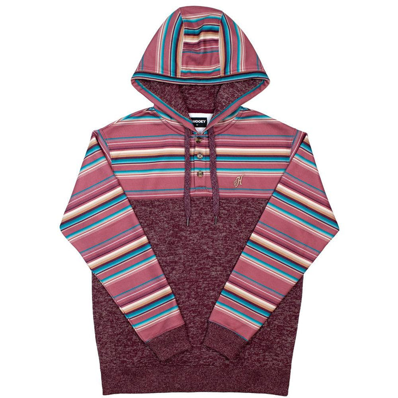 Jimmy heathered maroon hoody with red, blue, maroon, orange, white stripe pattern on sleeves, collar, and hood