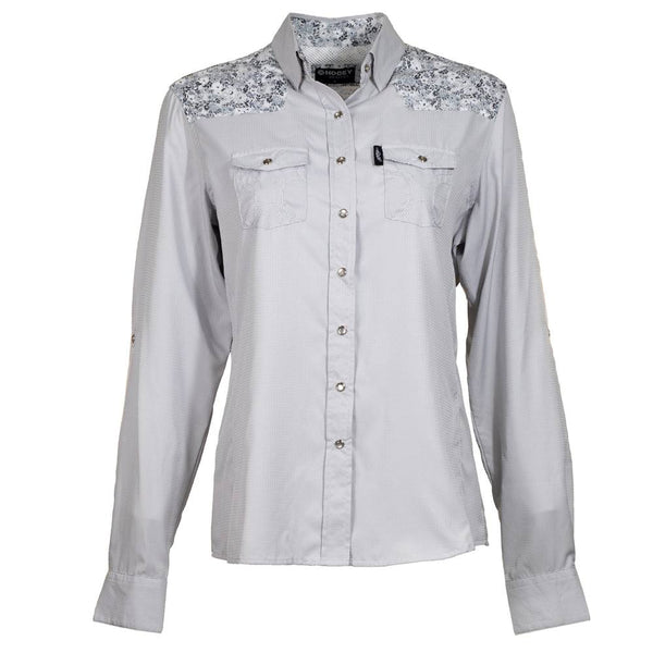 "Sol" Ladies Grey w/Floral Pattern Pearl Snap Shirt