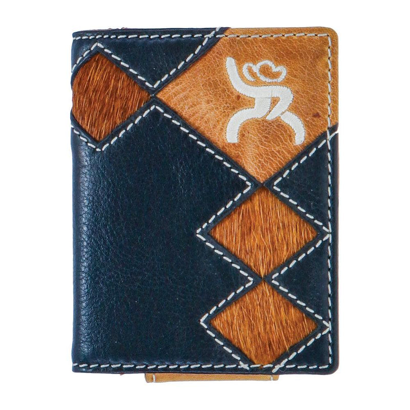 "Roughy Crazy Horse" Bifold Money Clip Wallet Black/Brown w/Diamond Patchwork