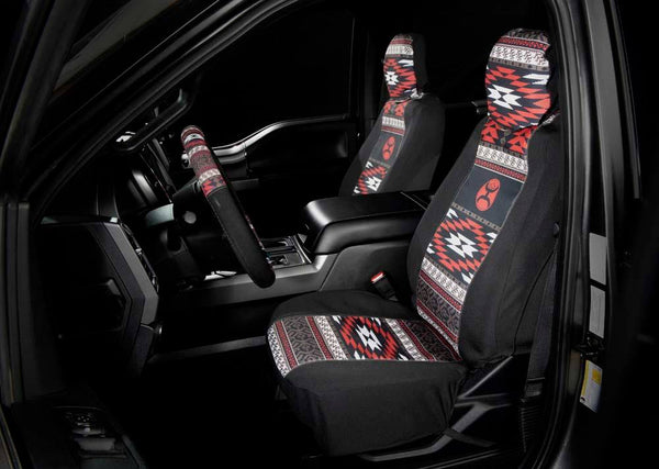 Lifestyle of photo of the Aztec seat covers with black, red, and grey pattern