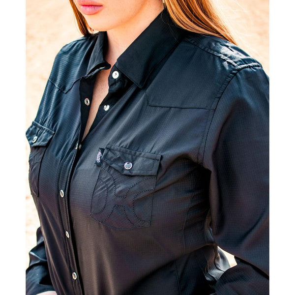 "Sol" Ladies Black Long Sleeve Pearl Snap Shirt