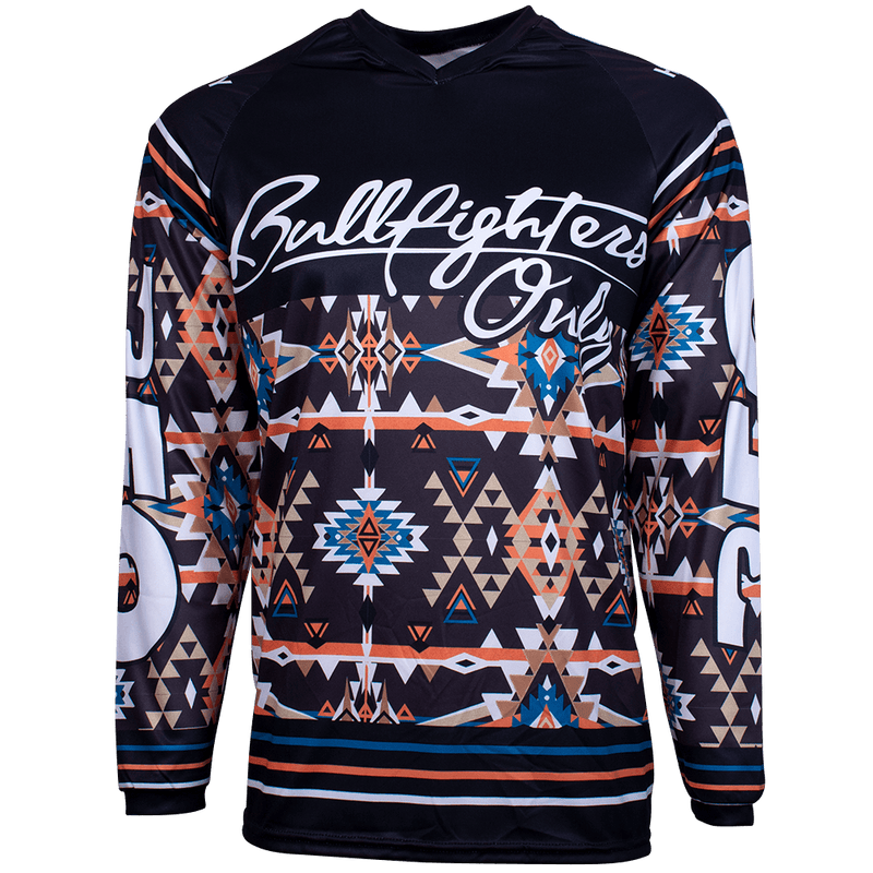 front of the BFO Jersey with navy, blue, orange, and white Aztec pattern