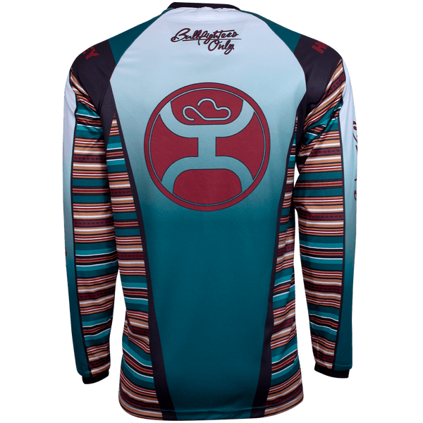 back of the BFO jersey in turquoise and serape with red Hooey logo